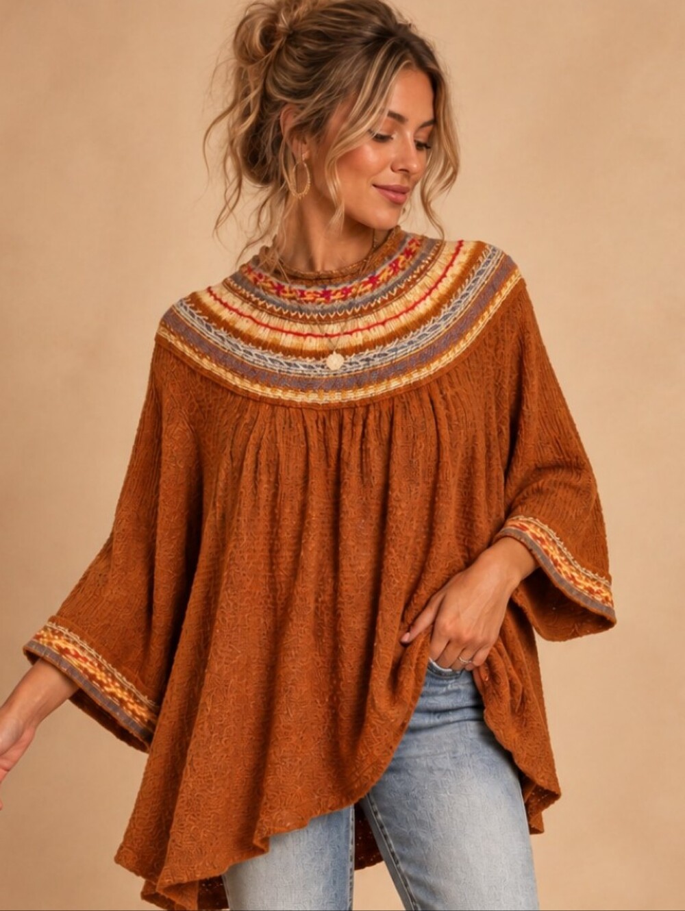 Free People Boho Fair Isle Yoke Oversized Knit Tunic Top Rust Sweater Small